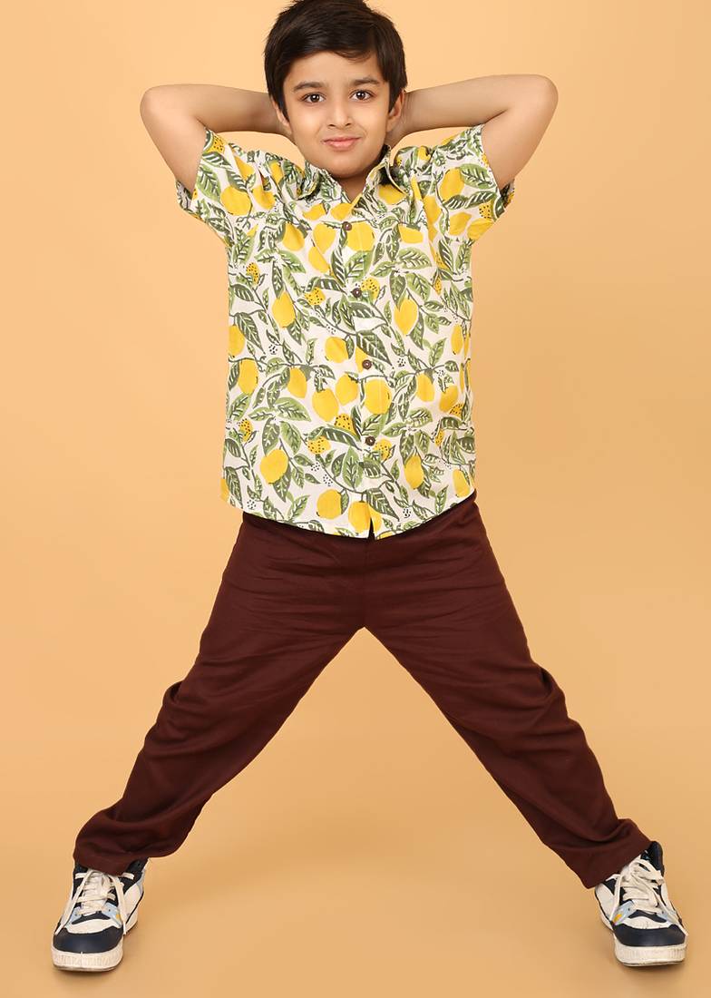 White with yellow green block print cotton boys shirt