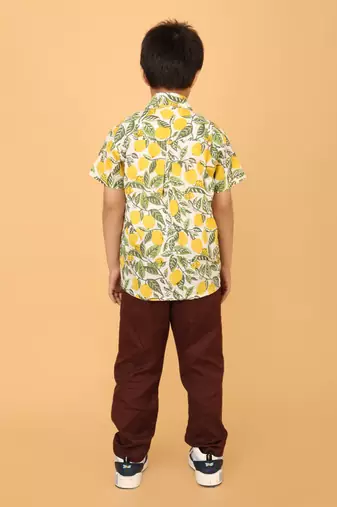 White with yellow green block print cotton boys shirt