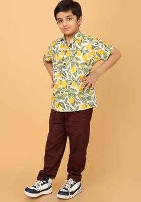 White with yellow green block print cotton boys shirt 3