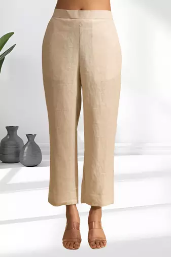 Women's linen beige embroidered short kurta with pant