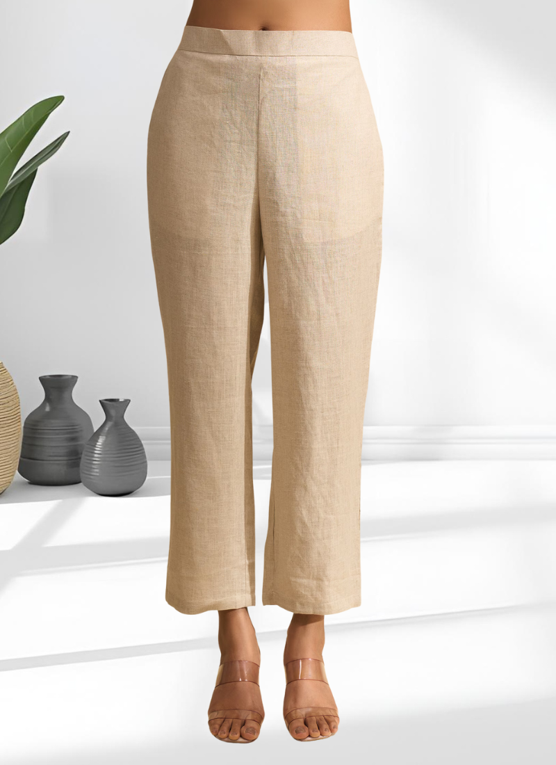 Women's linen beige embroidered short kurta with pant