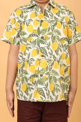 White with yellow green block print cotton boys shirt 4