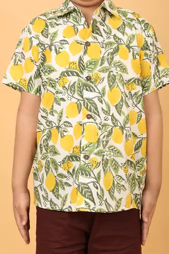 White with yellow green block print cotton boys shirt