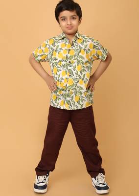 White with yellow green block print cotton boys shirt 5