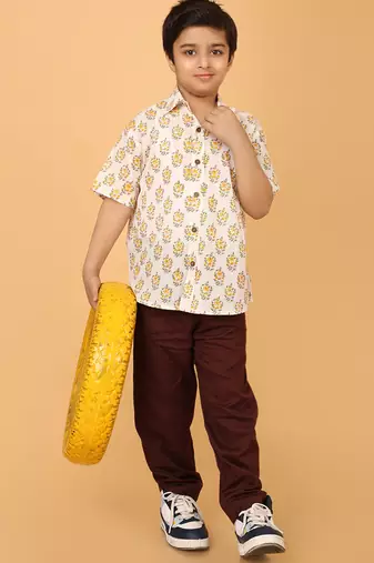 White with yellow florals block print cotton boys shirt