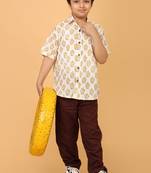 White with yellow florals block print cotton boys shirt