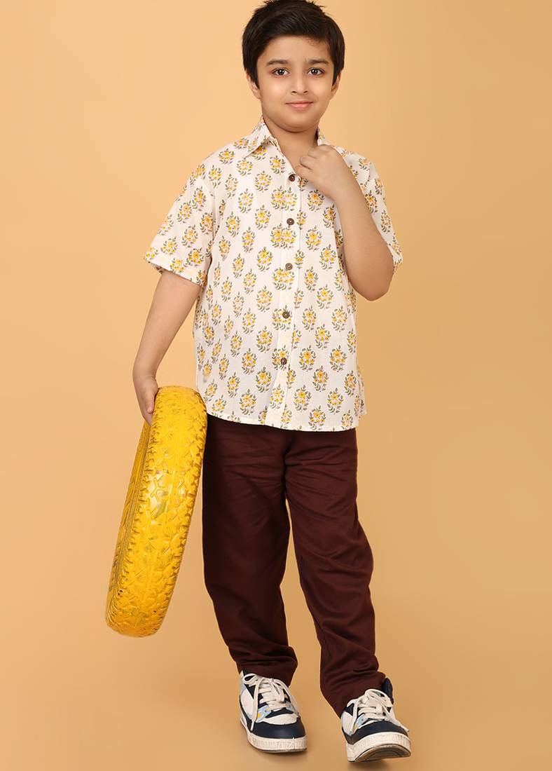 White with yellow florals block print cotton boys shirt