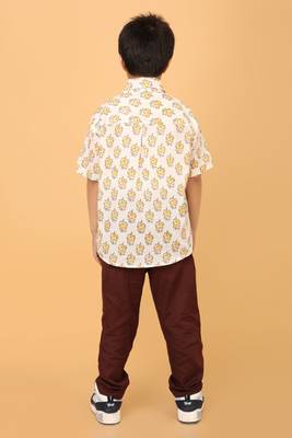 White with yellow florals block print cotton boys shirt 2