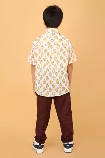 White with yellow florals block print cotton boys shirt