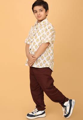 White with yellow florals block print cotton boys shirt 3