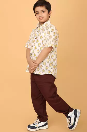 White with yellow florals block print cotton boys shirt