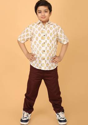 White with yellow florals block print cotton boys shirt 4