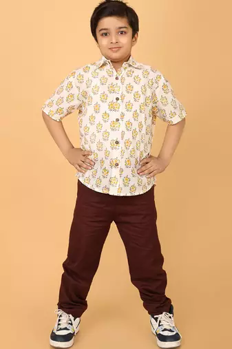 White with yellow florals block print cotton boys shirt