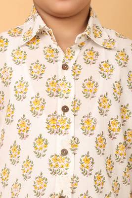 White with yellow florals block print cotton boys shirt 5