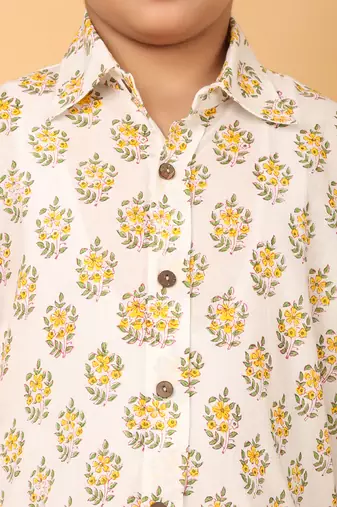 White with yellow florals block print cotton boys shirt