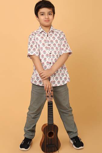 White with pink grey florals block print cotton boys shirt
