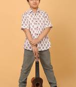 White with pink grey florals block print cotton boys shirt