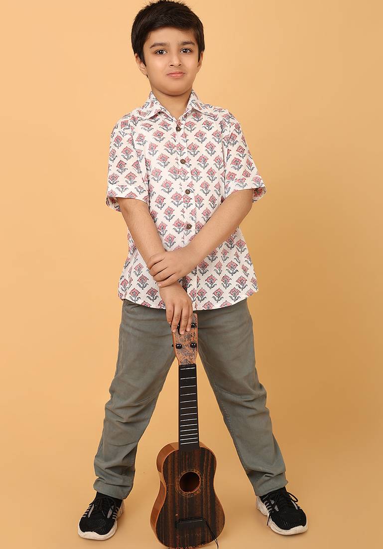White with pink grey florals block print cotton boys shirt