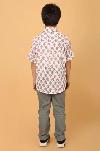 White with pink grey florals block print cotton boys shirt