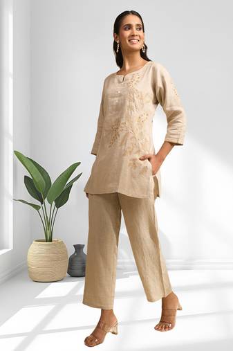 Women's linen beige embroidered short kurta with pant