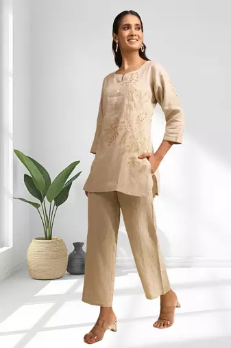 Women's linen beige embroidered short kurta with pant