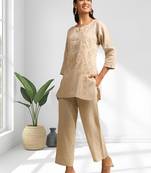 Women's linen beige embroidered short kurta with pant