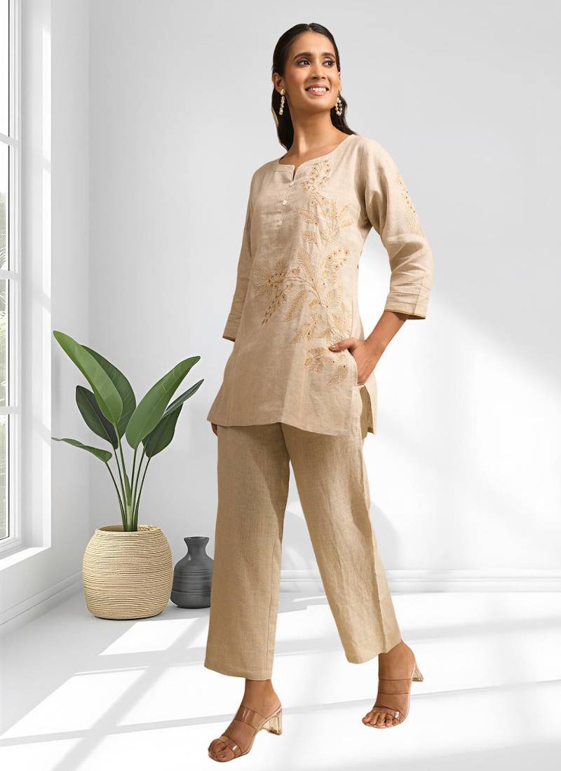 Women's linen beige embroidered short kurta with pant
