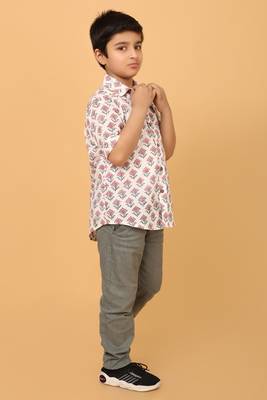 White with pink grey florals block print cotton boys shirt 3