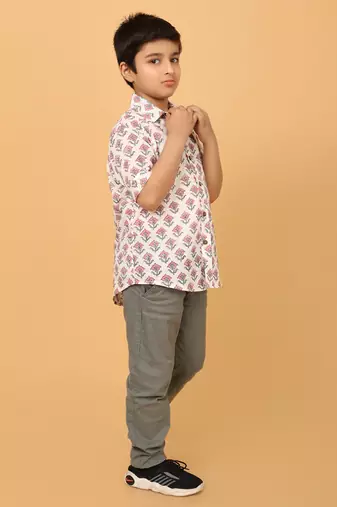 White with pink grey florals block print cotton boys shirt