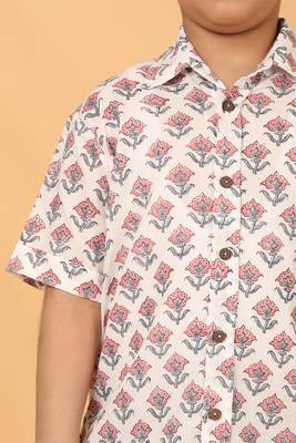 White with pink grey florals block print cotton boys shirt 4