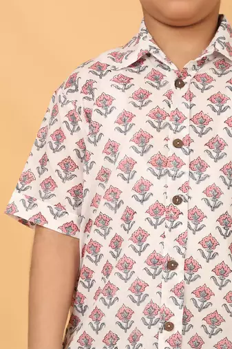 White with pink grey florals block print cotton boys shirt