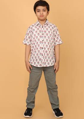 White with pink grey florals block print cotton boys shirt 5