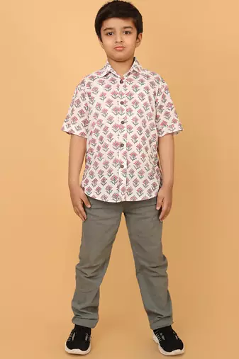 White with pink grey florals block print cotton boys shirt