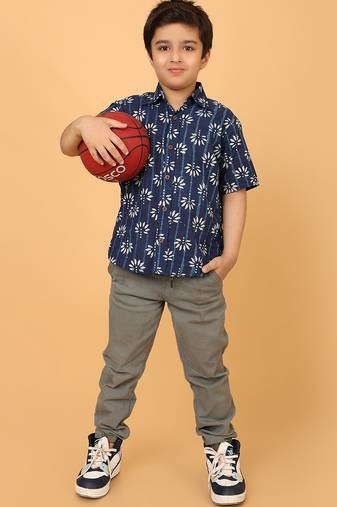 Indigo florals block print cotton boys shirt
