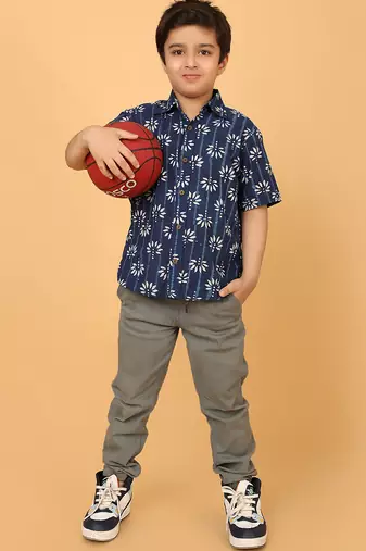 Indigo florals block print cotton boys shirt