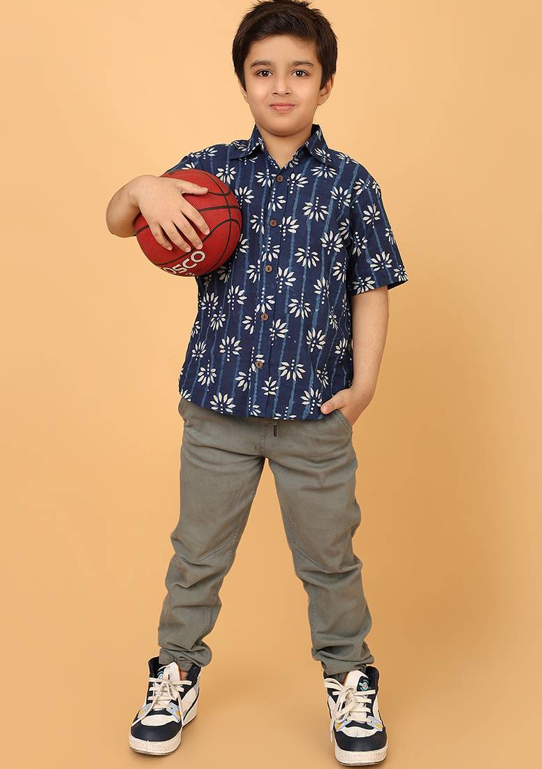 Indigo florals block print cotton boys shirt