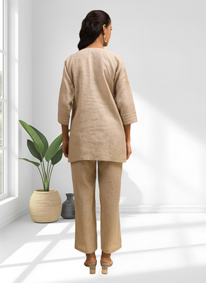 Women's linen beige embroidered short kurta with pant 2