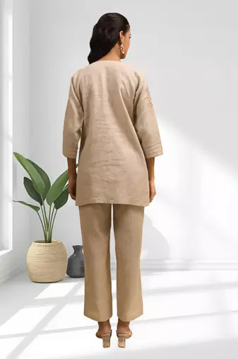 Women's linen beige embroidered short kurta with pant