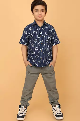 Indigo florals block print cotton boys shirt