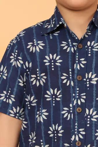 Indigo florals block print cotton boys shirt