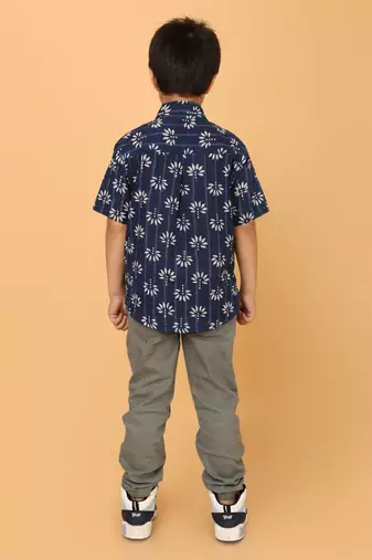 Indigo florals block print cotton boys shirt