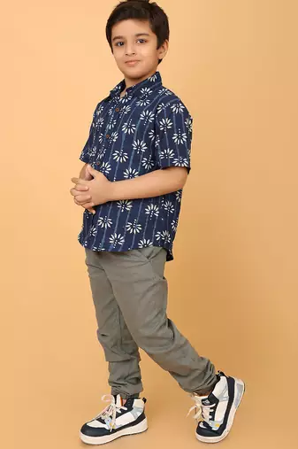Indigo florals block print cotton boys shirt