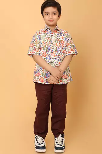 Multicolor florals block print cotton boys shirt