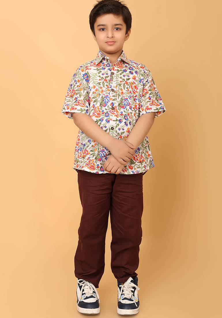 Multicolor florals block print cotton boys shirt