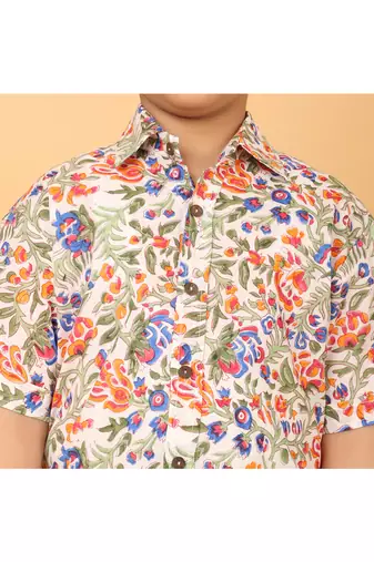 Multicolor florals block print cotton boys shirt