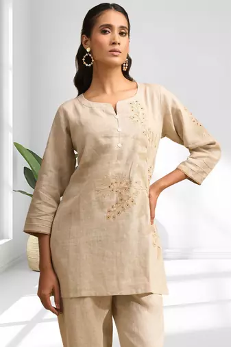 Women's linen beige embroidered short kurta with pant
