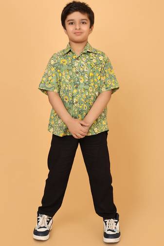 Green florals block print cotton boys shirt