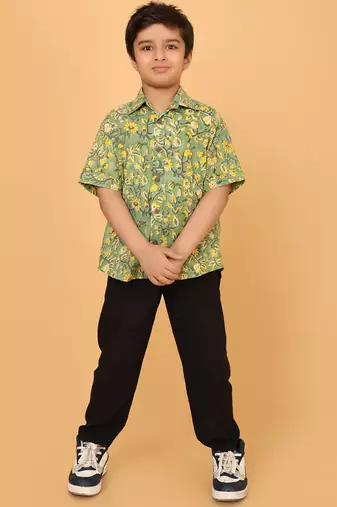 Green florals block print cotton boys shirt