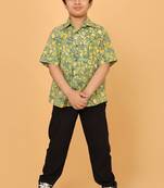 Green florals block print cotton boys shirt