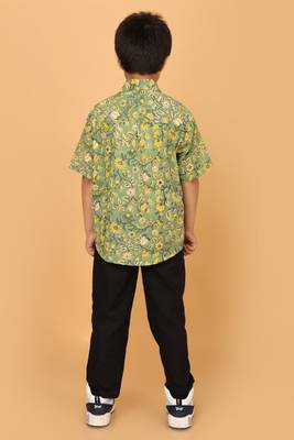 Green florals block print cotton boys shirt 2